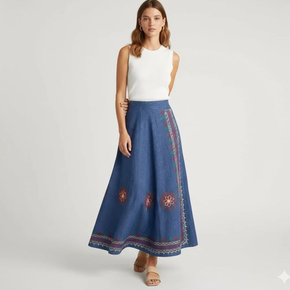 VINTAGE Embroidered Blue Denim Wrap  Boho Maxi Skirt‎ - Picture 3 of 16